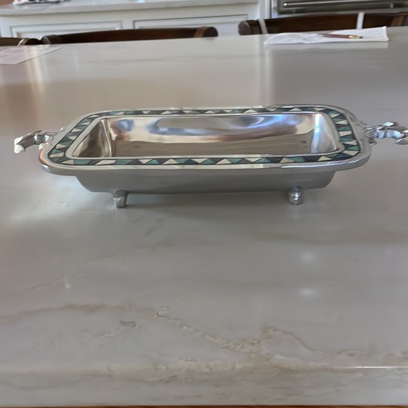 Pewter Fleur-De-Lie Serving Dish with navy blue, turquoise & cream trim - Picture 2 of 9